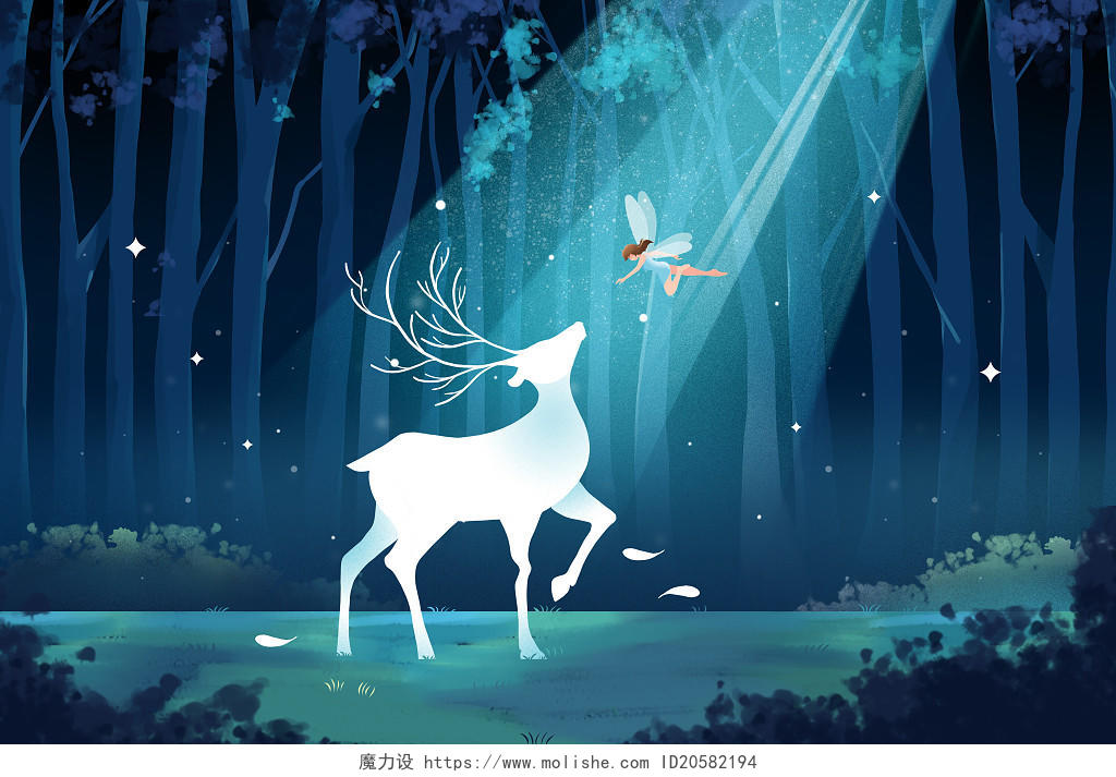 手绘森林鹿和精灵意境治愈插画世界森林日